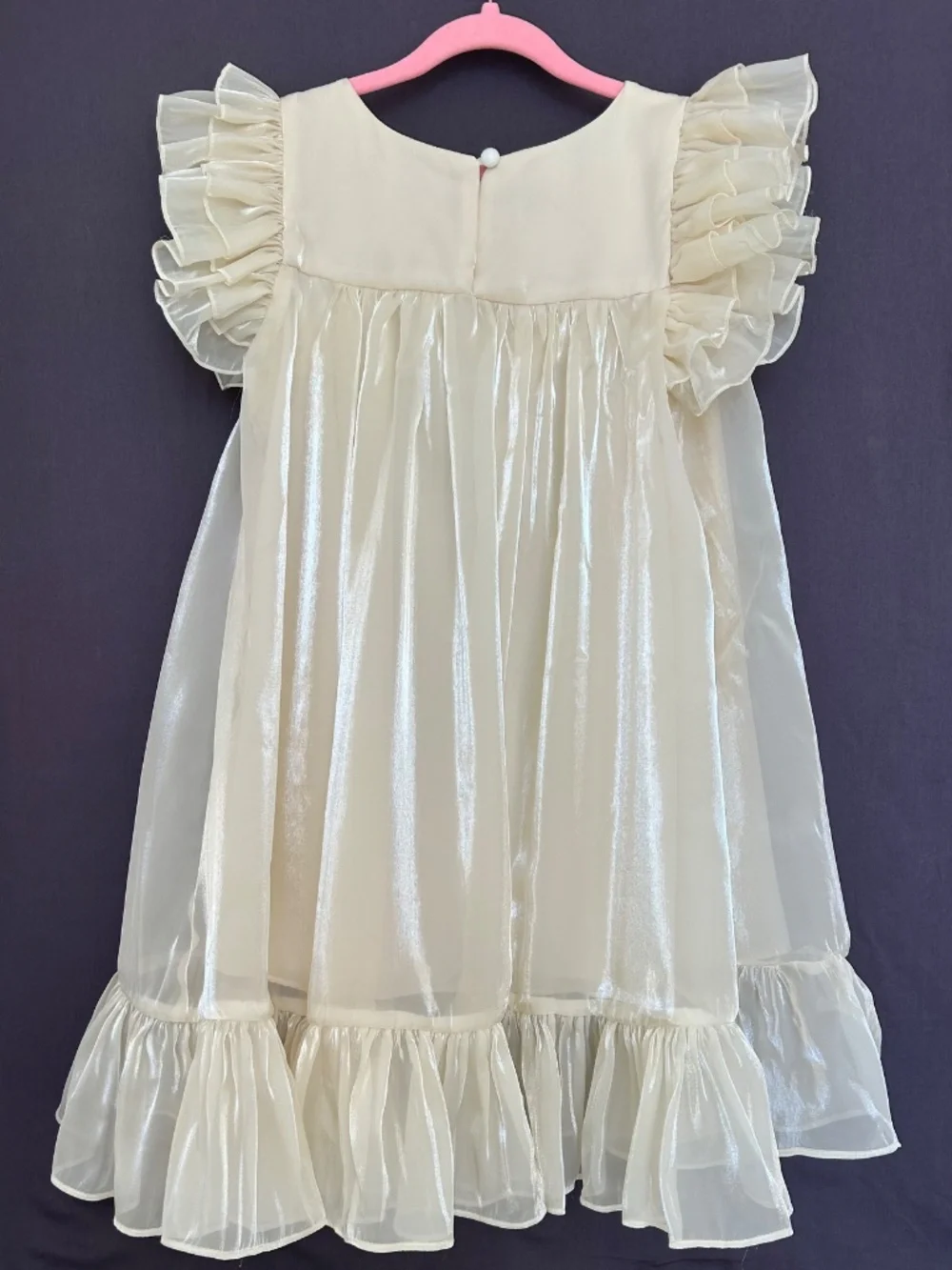 NWOT TUTUPETTI Girls Ivory Organza Pearl Sheen Ruffle Flutter Sleeve Dress